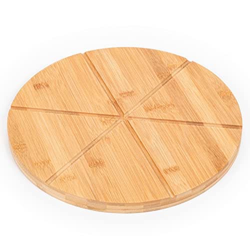 Image of Woodluv Bamboo Pizza Cake Serving Cutting Platter Board, 13" (30cm) 6 Sections Wooden Snack Canape Platter