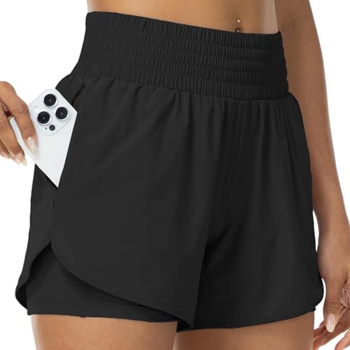 Image of SCCGKP Women 2-in-1 Running Shorts with Pockets Quick Dry Activewear Shorts Lightweight Gym Yoga Sport Shorts for Ladies Workout Hiking Training (M, Black)