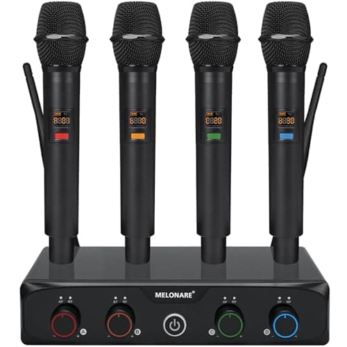 Image of MELONARE 4-Channel Wireless Microphone System, UHF Compact Cordless Mic Set w/ 4x10 Frequencies, 200ft Range, Dynamic Handheld Microphone for Singing, Karaoke, Church, DJ, Wedding (MWM-41-4H)