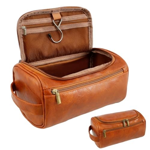 Image of Water-Resistant Leather Toiletry Bag for Men, Large Travel Wash Bag with Handle, Shaving Bag Makeup Bag Organizer Portable Cosmetic Bag for Travel, Men Gift