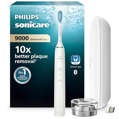 Image of Philips Sonicare DiamondClean 9000 Electric Toothbrush - Sonic Toothbrush with App, Pressure Sensor, 4 Brushing Modes, 3 Intensity Levels, Charging Stand, USB Travel Case, White, Model HX9911/63