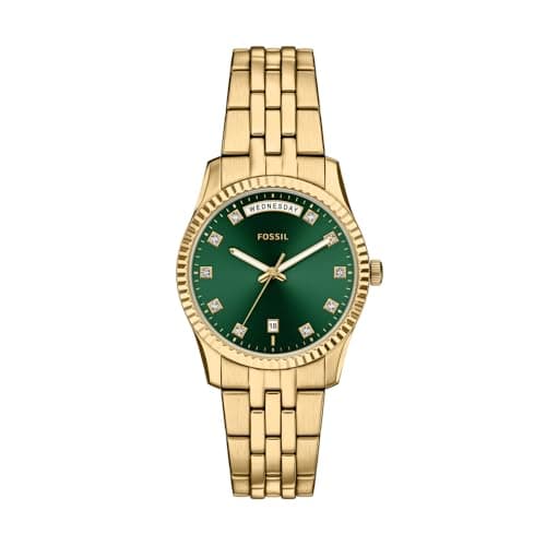 Image of Fossil Scarlette Watch for Women, 34mm Quartz Three Hand Date Movement with Stainless Steel Strap,Gold Tone and Dark Green