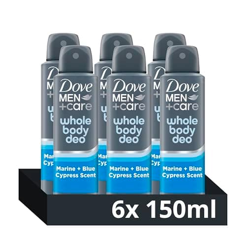 Image of Dove Men+Care Whole Body Deodorant Spray Marine & Blue Cypress 150ml, 6 Pack - 72H Odour Protection Performance Aerosol, Aluminum Free & Alcohol Free Formulation, Dermatologically Tested