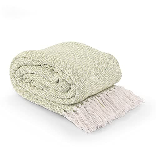 Image of La Maison 100% Indian Cotton Diamond Pattern Check Large Batten Throwover Sofa Throw Multicoloured Bed Throw Woven Handloom Tassel Armchair Decorative Blanket (Sage, 178cm x 254cm / 70" x 100")