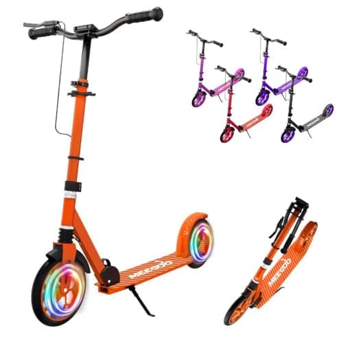 Image of MEE GOO Foldable Kick Scooter for Kids & Teens with Shock Absorption, Adjustable Handlebar Height, LED Light, Dual Brakes (Hand + Rear), 8" Wheels, Non-Slip Deck, Up to 100kg(220lbs) (Orange)