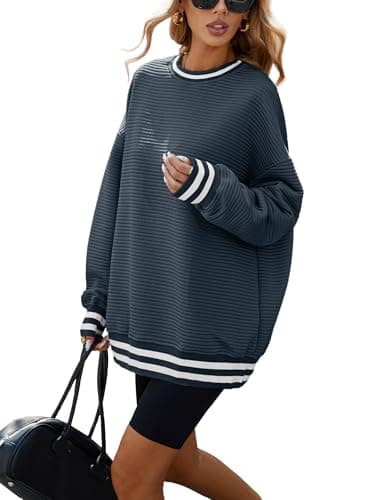 Image of Famulily Pullover Sweatshirt for Women 2025 Long Sleeve Crewneck Striped Shirts Fall Casual Y2K Tops Navy L