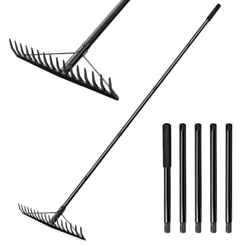Image of Ezkamfort 183cm Heavy Duty Garden Rake with Stainless Steel Handle, 17 Steel Tines Metal Dual-Head Garden Rakes Tool, for Loosening Soil Gathering Leaf Leveling Lawn Farming Land Yard Thatch Rake