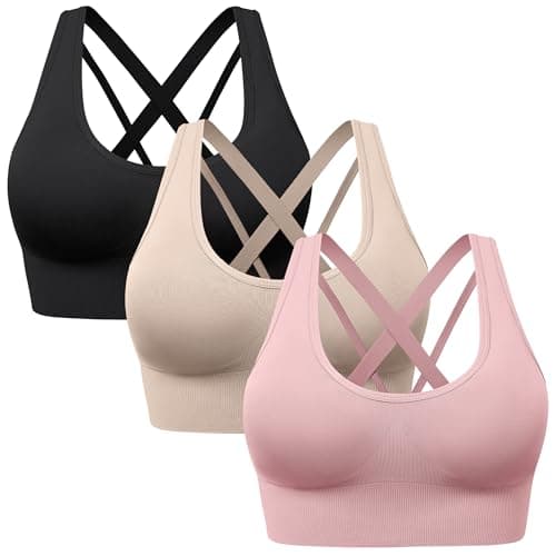 Image of HBselect 3 Pack Comfort Strappy Sports Bras for Women UK with Removable Pads, Wireless Seamless Plus Size Sleep Bras for Girls in Yoga Bralette Running Leisure Crop Gym Stretch Tops Vest