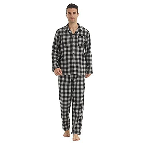 Image of LANBAOSI Men's Pajama Sets Long Sleeve Checked Lounge Wear Set Flannel Pyjamas Plaid Top and Bottoms 2 Piece Winter Cotton Nightwear