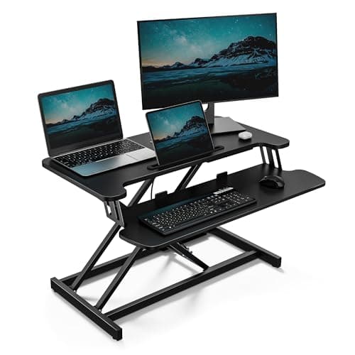 Image of VonHaus Standing Desk Converter, Height Adjustable Computer Workstation with Keyboard Shelf, Dual Monitor Desk Riser w/Tablet Holder - 80x40cm (Black)