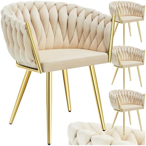 Image of tectake® Set of 4 Dining Chairs with Velvet-Look Covers & Knot Design, Armchair Set with Sturdy Steel Legs & Soft Padding - Accent Chair Set for Dining Room, Kitchen & Living Room - Sand/Gold