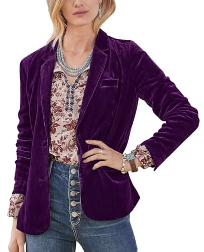 Image of MINTLIMIT Velvet Jackets Blazer Suit for Women Long Sleeve Lapel Button Casual Work Office Blazer Jacket Tailored Outfit with Pockets(Purple,L)