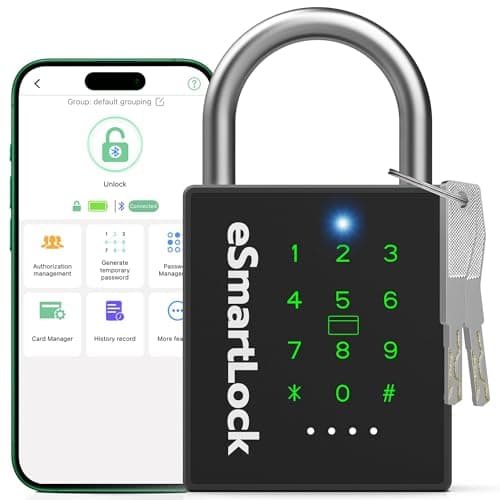 Image of Eseesmart New Heavy Duty Smart Padlock, Bluetooth Padlock with Key Code and RFID, Outdoor Weatherproof Electronic Key Combination Lock for Gate, Sheds, Fence, Garage, Locker, Container-Black
