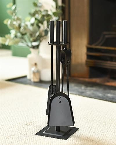 Image of Traditional Black Slim Three Piece Fireplace Accessories Companion Set - Fireside Tools with Tongs, Brush and Pan - Elegant and Functional Fireside Companion Set for Fire Log Burner