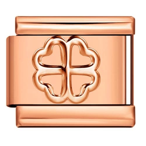 Image of Mon & Sons Four Leaf Lucky Heart Clover Rose Gold Silver Italian 9mm Link Stainless Steel Bracelet Charm Compatible With 9mm Link