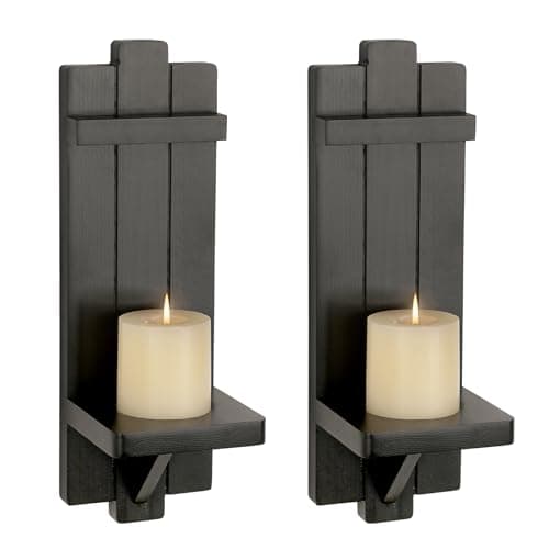 Image of BSTKEY 2 Packs Wooden Wall Mounted Candle Holder Hanging Candle Sconces, Decorative Wall Pillar Candle Stand Farmhouse Sconces for Bathroom Living Room (Black)