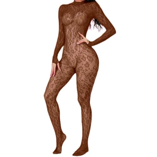 Image of CZSABXY Womens Lace Leopard Jumpsuit Rave Outfits for Women Fishnet Bodysuit Lingerie Mesh Bodystocking (Brown)