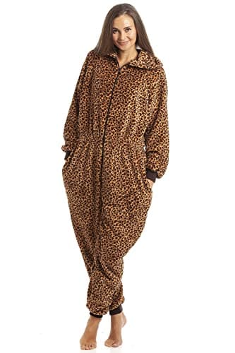 Image of Camille Womens Super Soft Fleece Onesie - Hooded All in One - Long Sleeved and Side Pockets Caramel Leopard 10-12