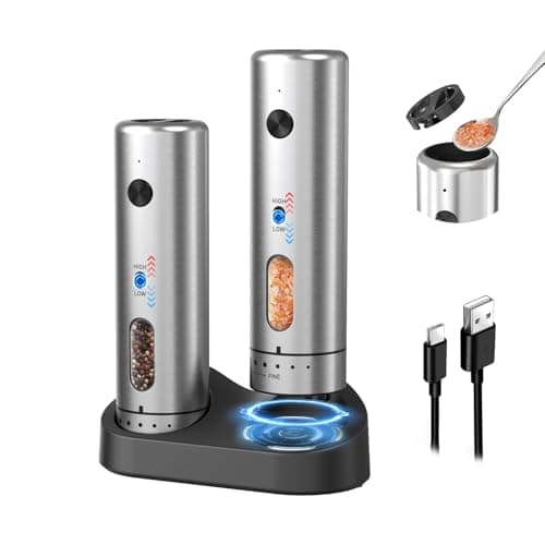 Image of CIRCLE JOY Electric Salt and Pepper Grinder Set with Rechargeable Base Upgraded Stainless Steel Automatic Salt and Pepper Shakers with 2 Grinding Speeds, External Adjustment and 176ml Capacity, Silver