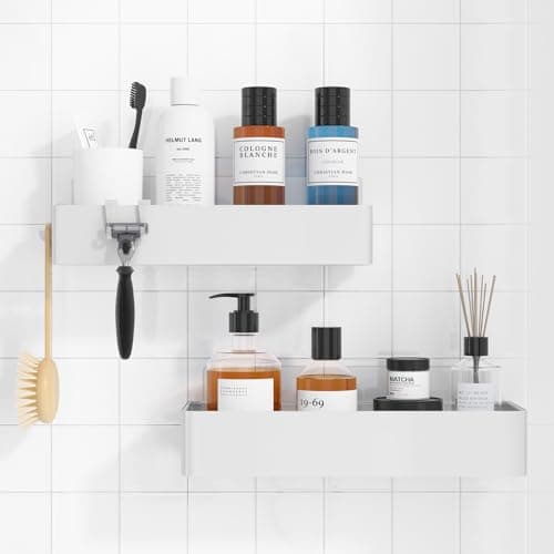 Image of Kitsure 2 Pack Rustproof Shower Caddy - 2 Shelves, Drill-Free & Quick-Dry Shower Organizer, Rustproof Bathroom Shelves with 4 Hooks, Large, White