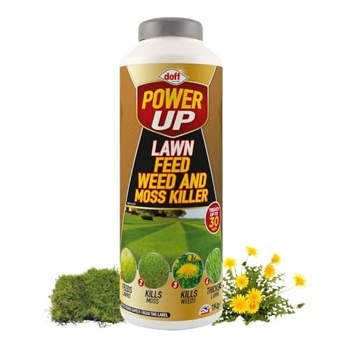 Image of Doff Power Up Lawn Feed, Weed & Moss Killer | Triple Action Lawn Treatment | Feeds Grass, Kills Weeds & Moss | Treats Up to 30m² | Thickens Lawns | Fast Acting Lawn Care Granules (30 sqm)