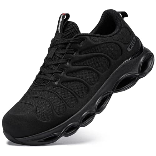 Image of LARNMERN Steel Toe Cap Trainers Mens Safety Trainers Breathable Safety Shoes Comfortable Work Shoes Lightweight Cushioning Fashion (Pure Black Dark,7 UK)