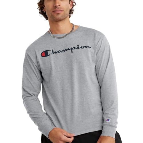 Image of Champion Mens Classic Jersey Long-Sleeve Tee, XL, Script Oxford Grey