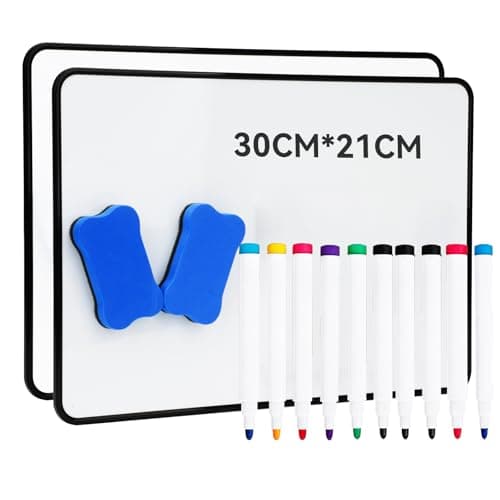 Image of Hisredsun 2 Pack A4 Magnetic Whiteboard, Double Sided Dry Erase White Boards, Mini Whiteboard with 10 Pens and 2 Erasers, Durable Portable Small White Boards for Home, Office, Classroom