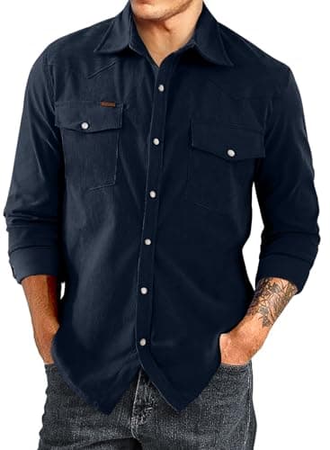 Image of JMIERR Men's Corduroy Shirts Casual Button Down Shirts Long Sleeve Shacket Jackets with Pocket,Blue,XL