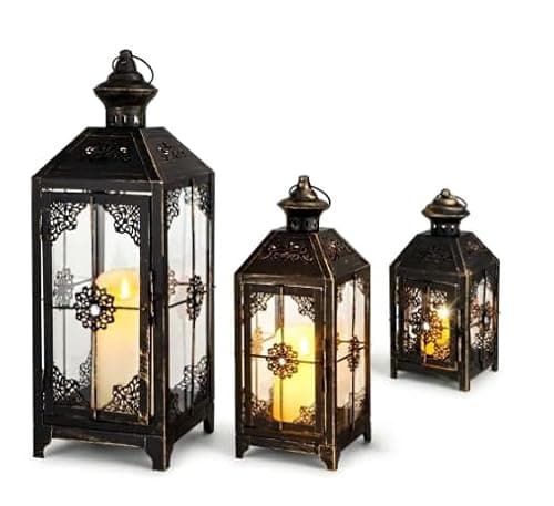 Image of JHY DESIGN Vintage Candle Lantern Set of 3 Large Decorative Metal Lanterns 50/35/23.5cm Black and Gold Vintage Finish Hanging and Tabletop Candle Holders for Indoor Outdoor Garden Wedding Decor