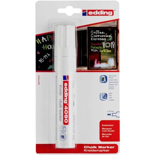 Image of edding 4090 chalk marker - white - 1 chalk pen - chisel tip 4-15 mm - broad-tipped wet wipe pen for chalkboards, windows, glass, mirrors - liquid chalk marker pens for opaque coverage