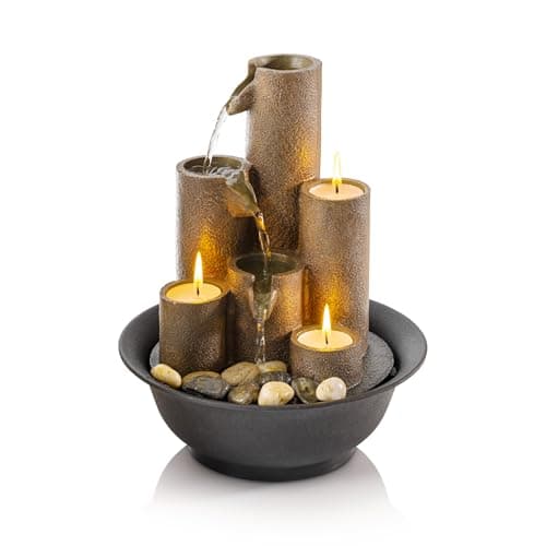 Image of Alpine Corporation 28 cm Tall Tabletop Tiered Indoor Water Fountain with 3 Candles, Brown