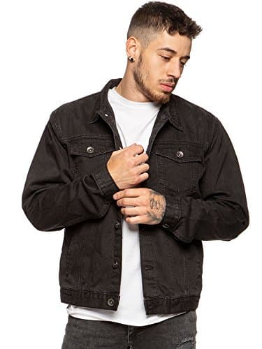 Image of Enzo Mens Designer Denim Jacket Western Classic Style Trucker Vintage Style Coat (L, Black)