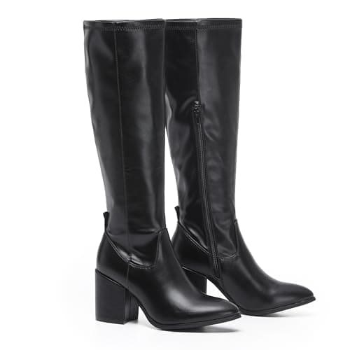 Image of VIVASHOES Women’s Knee High Heeled Boots – Faux Suede Long Boots with Chunky Heel & Side and Pull On Tab – Stylish Tall Winter Booties for Autumn & Winter Outfits - Black Leather 5