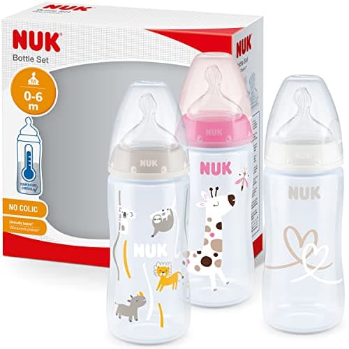 Image of NUK First Choice+ Baby Bottles Set | 0-6 Months | Temperature Control | Anti Colic Vent | 300 ml | BPA-Free | Silicone Teat | 3 Count | Pink Giraffe