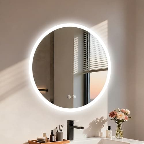 Image of LUVODI Bathroom Mirror with LED Lights: 600mm Round Illuminated Dimmable Wall Mounted Mirror with Anti-Fog 3 Lighting Modes Memory Function