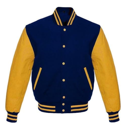 Image of Kilts Boutique Classic Varsity Letterman Jacket, Navy Blue and Yellow, Wool Body with Leather Sleeves, Baseball Style, Striped Ribbed Collar and Cuffs (UK, Alpha, L, Regular, Regular)