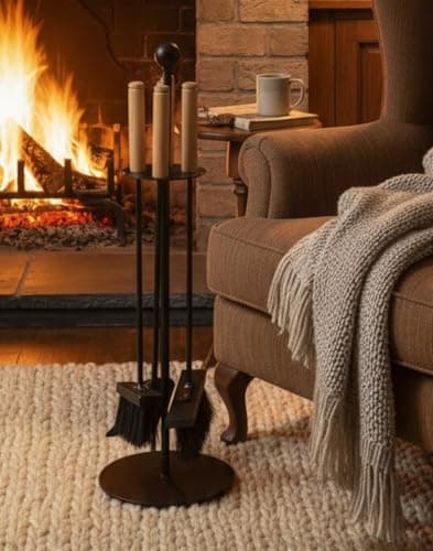 Image of Log-Barn 4 Piece Arc Fire Companion Set, Cast Iron Modern Fireside Fireplace Tools, Black with Wooden Handles