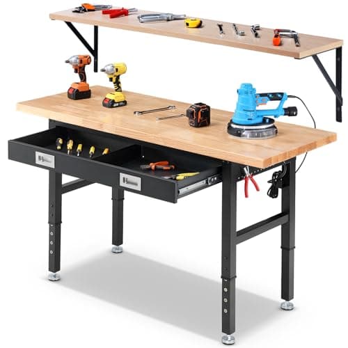 Image of ENJOYWOOD Workbench with Drawers 60 Inch Work Bench for Garage Adjustable Heavy Duty Garage Workbench with Shelf Bracket,Power Outlets for Woodworking,Home, Office, Workshop, Rubber Wood Top