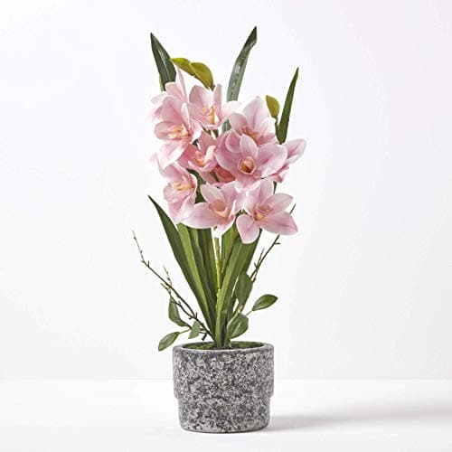 Image of HOMESCAPES Artificial Pink Orchid in Pot 58 cm Tall Lifelike Faux Orchid Plant In Grey Cement Pot with Real Touch Silk Flowers and Green Leaves Cymbidium Orchid Flower for Indoor Decoration