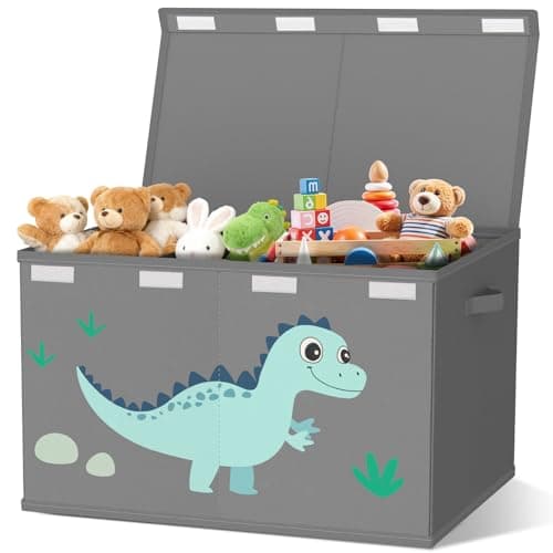 Image of VERONLY Toy Storage Box with Lids for Boys Girls - Fabric Large Kids Toy Chest Container, Foldable Basket Organiser with 2 handles for Toys,Books,Blankets,Clothes (Grey)