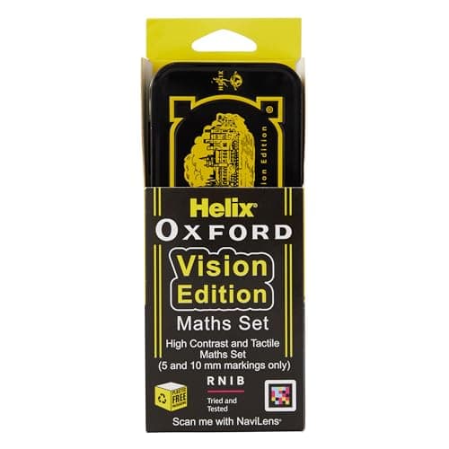 Image of Helix Oxford Vision Maths Set - RNIB Accredited - Contents Include compass, pencil, eraser, pencil sharpener, ruler, 45° and 60° set squares, 180° protractor and stencil - Large print graduations