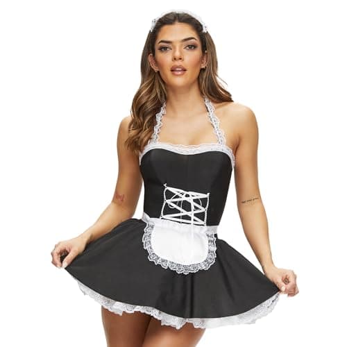 Image of Ann Summers Maid to Pleasure French Maid Outfit – PU Dress with Apron & Headband for Role Play, Hen Dos or Halloween – Flirty Fancy Dress Costume with Sweetheart Neckline, Lace-Up Front & Ruffle Skirt