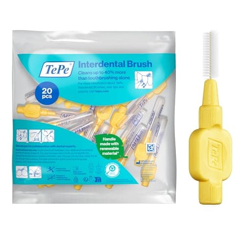 Image of TePe Interdental Brush, Extra Soft, Yellow, 0.7mm/ISO 4, 20pcs, efficient Cleaning Between Teeth, Plaque Remover, Dental flosser for Small Gaps