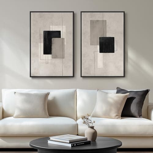 Image of Large Framed Neutral Abstract Wall Art for Living Room, Set of 2 Black and Beige Modern Canvas Prints Paintings Artwork for Walls, Minimalist Block Lines Pictures for Hallway Office Wall Decor 24x36
