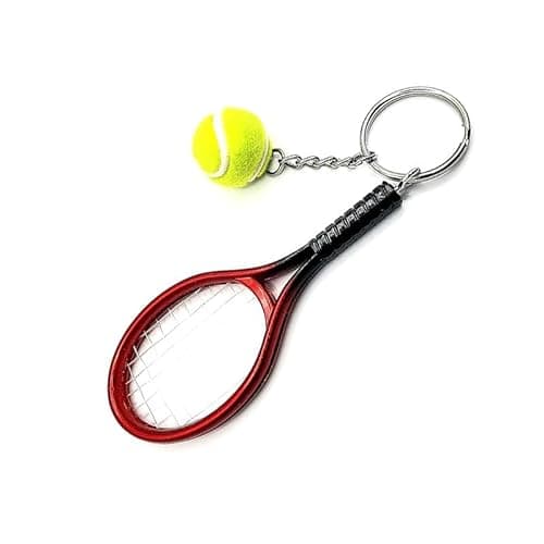 Image of Tennis Racket Keychain With Ball - Red Mini Sports Key Ring - Creative Metal Keyring Gift