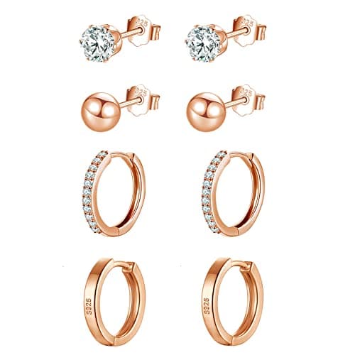 Image of wynn's Sterling Silver Stud Earrings for Women, Rose Gold Stud Earrings & Hoop Earrings Set, 4 Pairs Small Cartilage Sleepers Studs Hoops Earrings Set, 4mm Studs & 12mm Hoops, Rose Gold Earrings