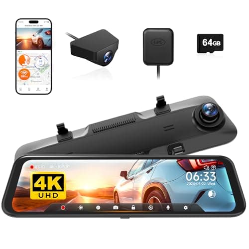 Image of WOLFBOX G850 12" 4K Rear View Mirror Dash Cam Front and Rear with 5.8GHz WiFi and Voice Control, Smart Mirror Camera with 1080P Reversing Rear Camera, WDR, Night Vision, Includes 64GB Card & GPS