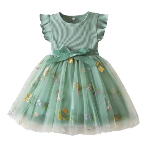 Image of QUNERY Toddler Girl Tulle Dress Ruffle Sleeveless Floral Embroidery Starry Sky Gradient Dresses Baby Girl Clothes Green floral 2 years