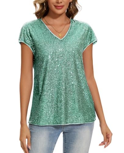 Image of MINTLIMIT Womens V Neck Tops Cap Short Sleeve T-Shirt Sequin Sparkly Tunic Blouse Club Night Shirts (Mint Green XL)